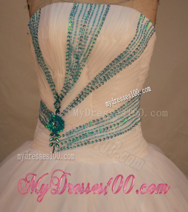 White Beaded Ball Gown Quinceanera Dresses with Aqua Blue Decoration